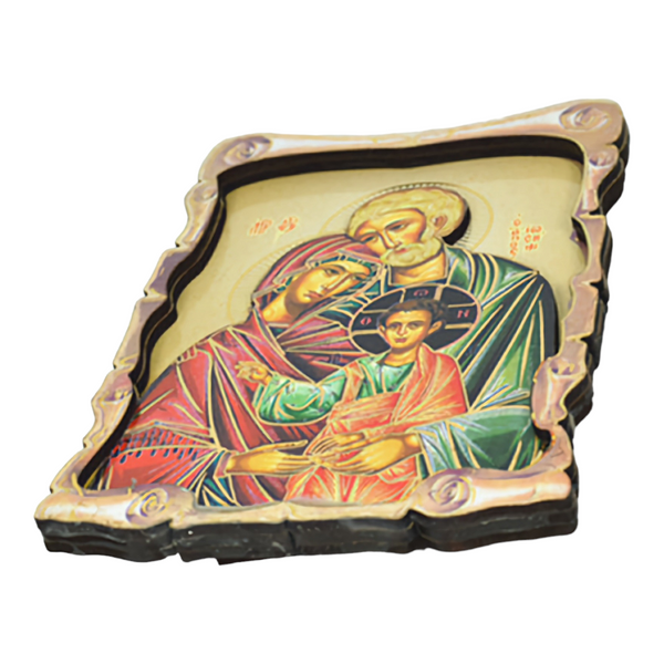 Religious Orthodox Colour Wooden Wood 3D Holy Family Doxaras Icon Plaque picture Stand, holy mother Mary, Joseph, Jesus Christ
