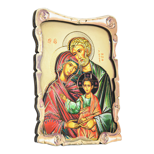 Religious Orthodox Colour Wooden Wood 3D Holy Family Doxaras Icon Plaque picture Stand, holy mother Mary, Joseph, Jesus Christ