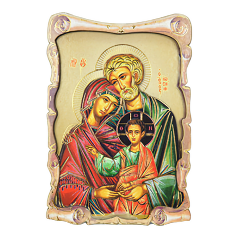 Religious Orthodox Colour Wooden Wood 3D Holy Family Doxaras Icon Plaque picture Stand, holy mother Mary, Joseph, Jesus Christ