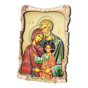 Religious Orthodox Colour Wooden Wood 3D Holy Family Doxaras Icon Plaque picture Stand, holy mother Mary, Joseph, Jesus Christ