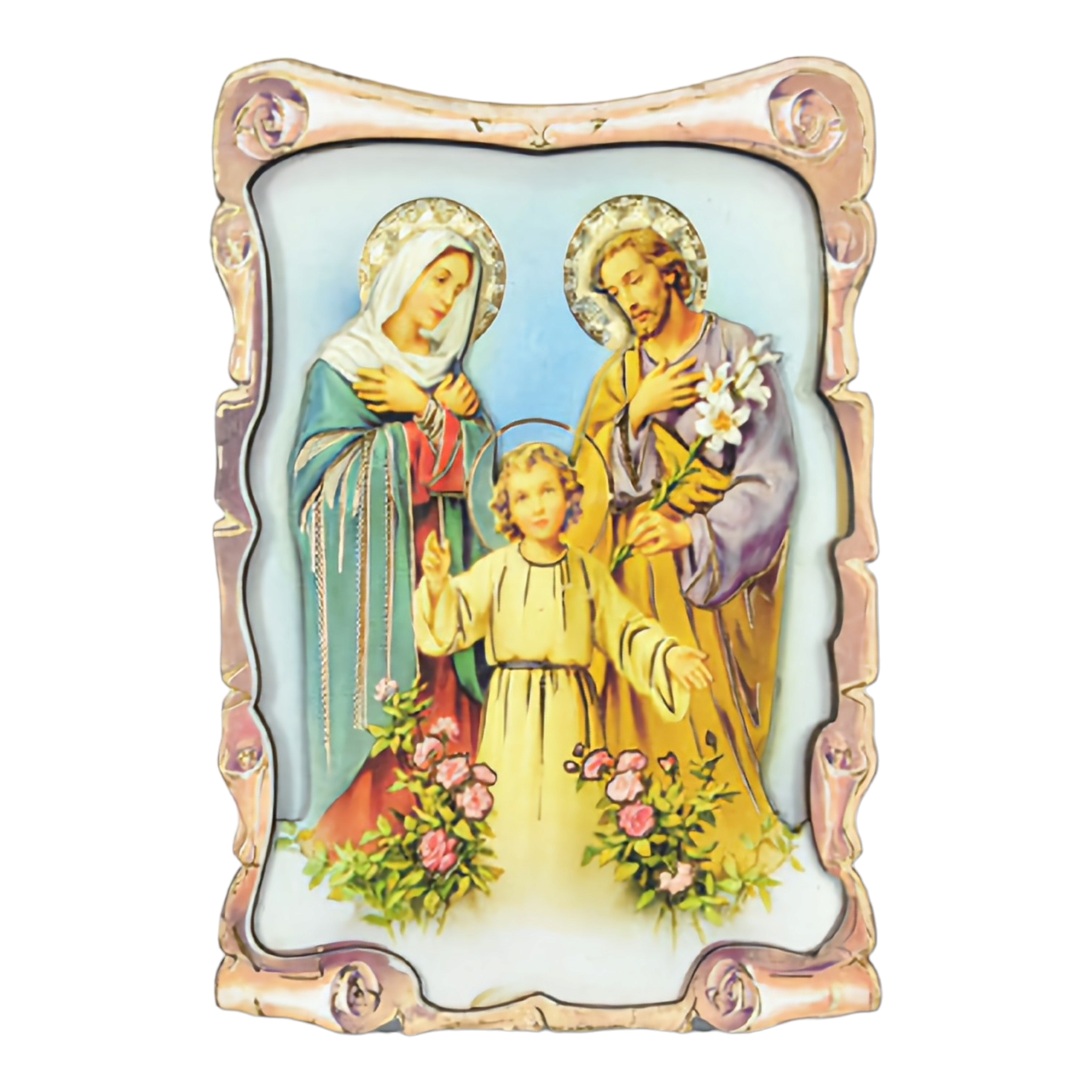Religious Catholic Christian Colour Wooden Wood 3D Holy Family Icon Plaque picture Stand, holy mother Mary, Joseph, Jesus Christ