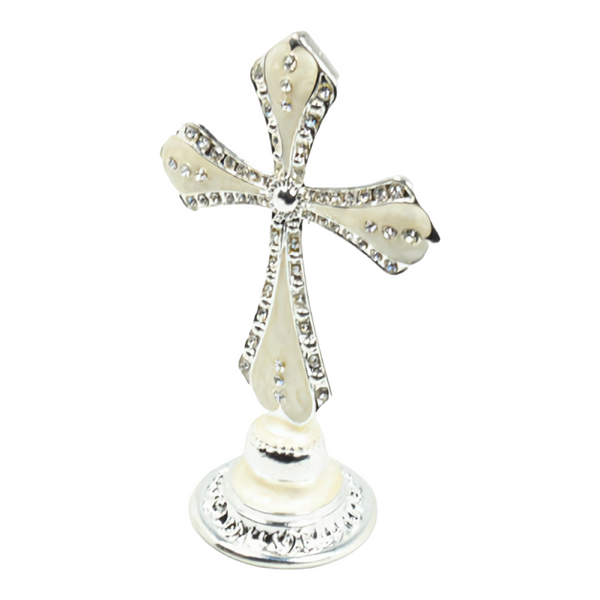 Mini White Enamel Standing Cross with Diamante crystals Favours Bomboniere Gifts