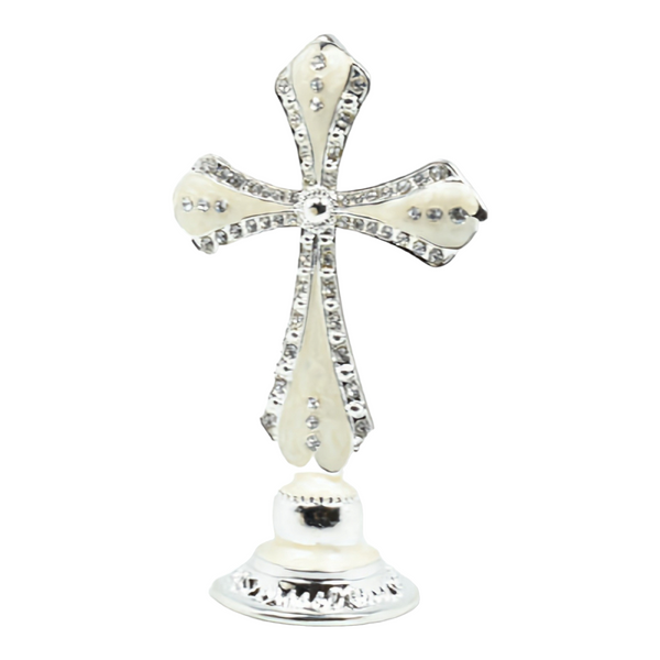 Mini White Enamel Standing Cross with Diamante crystals Favours Bomboniere Gifts