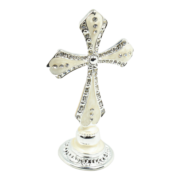 Mini White Enamel Standing Cross with Diamante crystals Favours Bomboniere Gifts