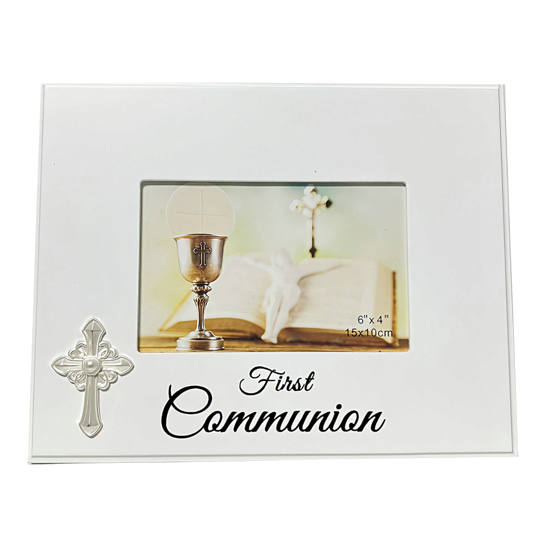 White First Communion Photo Frame with Metal Cross