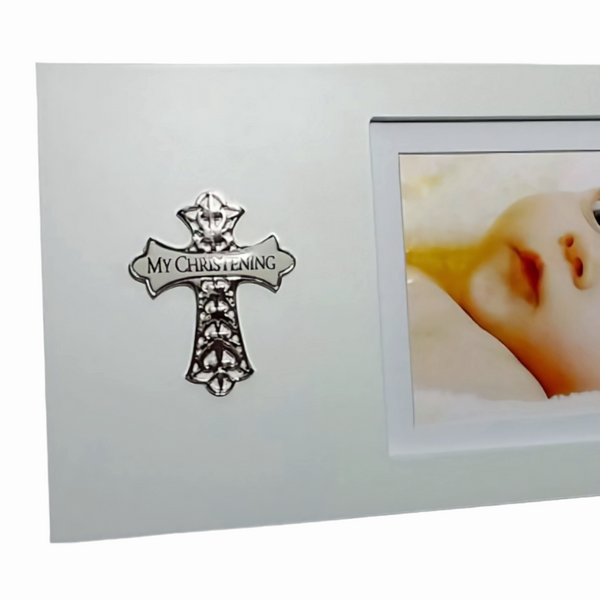 White Wooden My Christening Photo Frame & Raised Silver Cross Sign