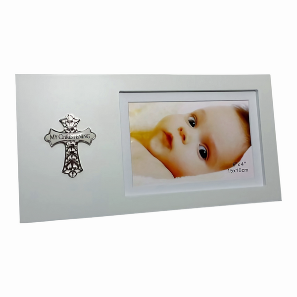 White Wooden My Christening Photo Frame & Raised Silver Cross Sign