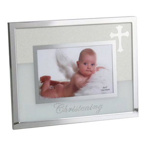 Glitter Christening Photo Frame & Silver Trim Border with Cross