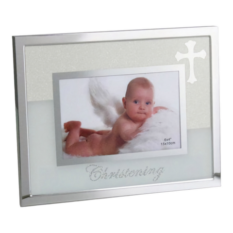 Glitter Christening Photo Frame & Silver Trim Border with Cross