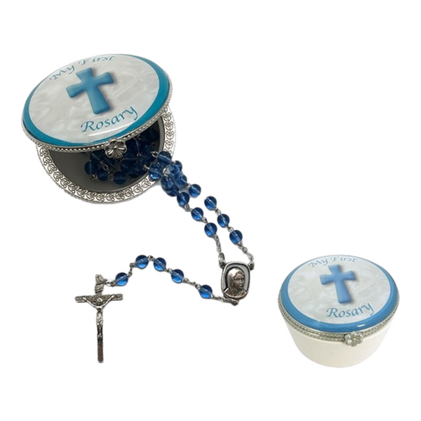 Set Blue Baby Boy My First Glass Rosary Beads & Porcelain Trinket Box