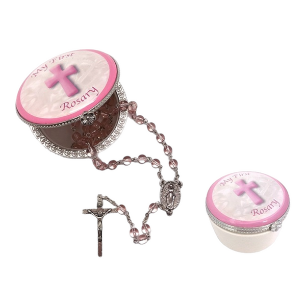 Set Pink Baby Girl My First Glass Rosary Beads & Porcelain Trinket Box