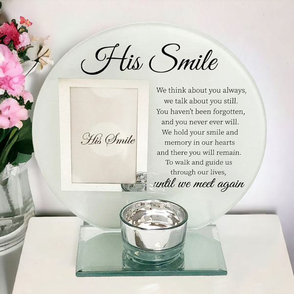 His Smile Glass Photo Frame & Tealight Candle Holder Memorial Plaque Glass Photo Frame with Tea Light Holder - His Smile Remembrance Keepsake tribute