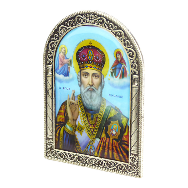 Religious Greek Orthodox Metal Silver Plated Holy Saint Nicholas Icon Plaque Picture Stand St. Nicholas