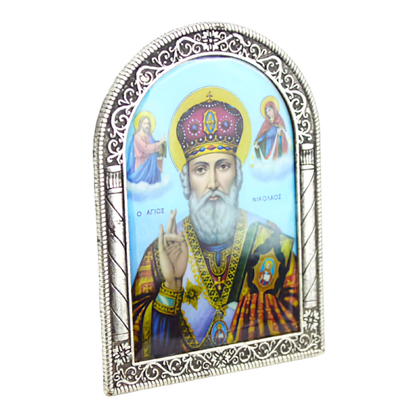 Religious Greek Orthodox Metal Silver Plated Holy Saint Nicholas Icon Plaque Picture Stand St. Nicholas