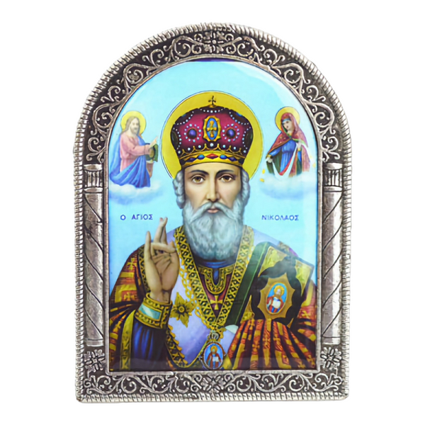 Religious Greek Orthodox Metal Silver Plated Holy Saint Nicholas Icon Plaque Picture Stand  St. Nicholas 