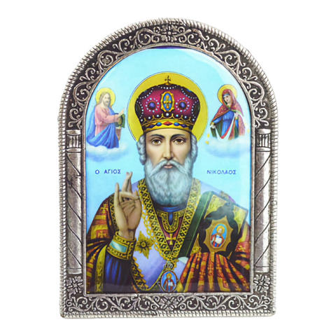 Religious Greek Orthodox Metal Silver Plated Holy Saint Nicholas Icon Plaque Picture Stand  St. Nicholas 