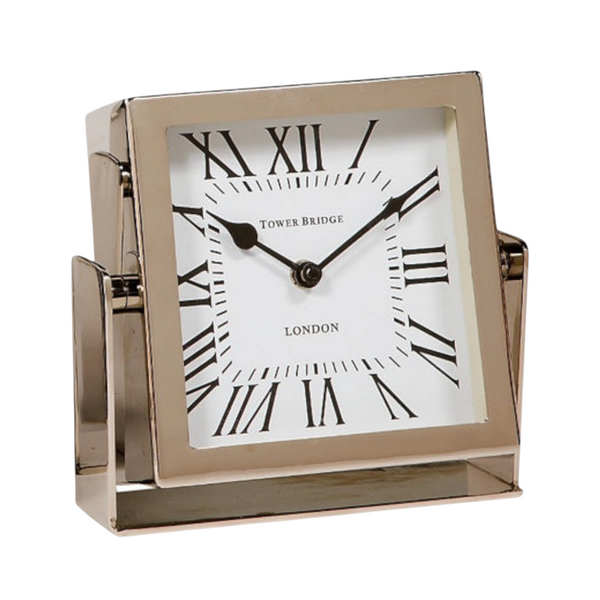 Small Silver Plated Square Tower Bridge London Mantel Clock with White Face