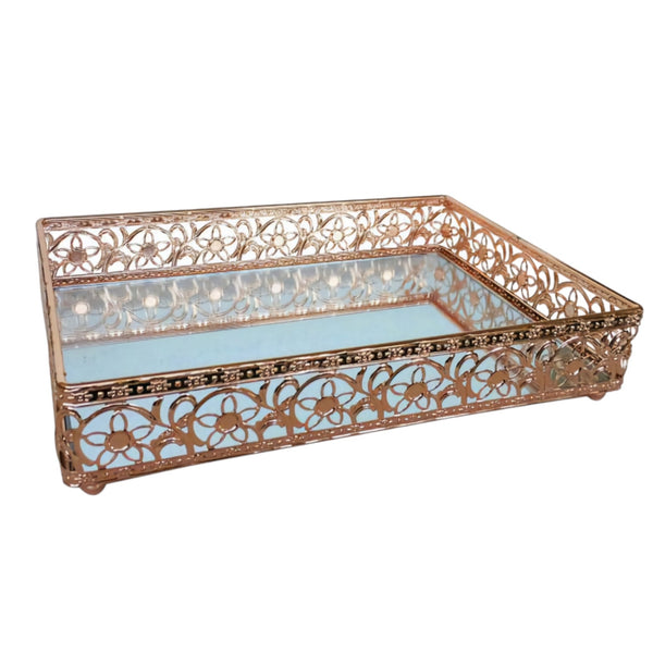 Rose Gold Rectangle Decorative Ornate Mirror Tray- 30cm x 25cm