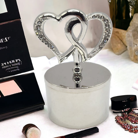 Shiny Silver Plated Jewellery Box & Crystal Diamante Double Hearts Lid
