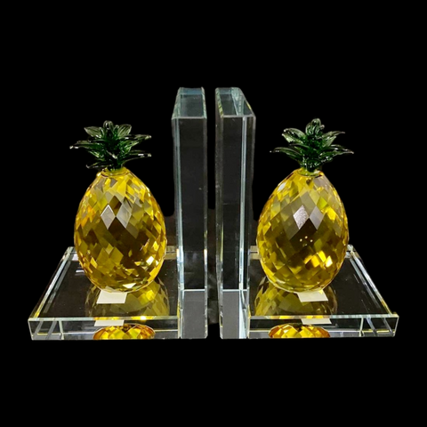 Set 2 Clear Crystal Cut Glass & Gold Pineapple Bookends