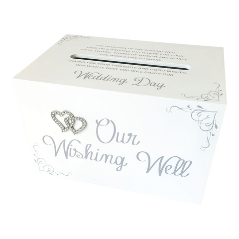 White Wood Diamante Crystal Double Hearts Wedding Wishing Well Gift Card Box