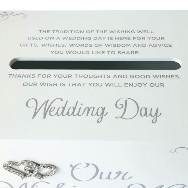 White Wood Diamante Crystal Double Hearts Wedding Wishing Well Gift Card Box