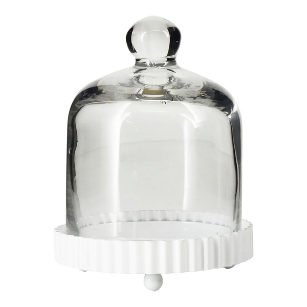 Set 3 Mini Clear Glass Cupcake Bell Jar & Dome Cloche Lid on White Fluted Base