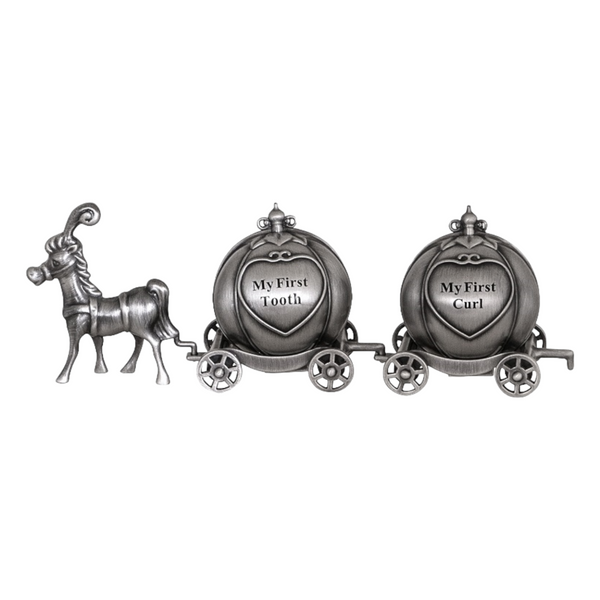 Silver Pewter Horse & Pumpkin Carriage First Tooth & Curl Baby Keepsake In Satin Gift Box