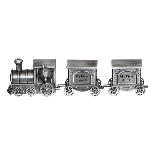 Silver Pewter Teddy Bear Train and Carriage Baby First Tooth & Curl Keepsake In Satin Gift Box