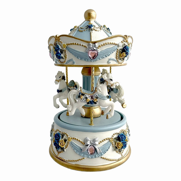 Children's Blue Musical 3 Horse Rotating Carousel Merry Go Round