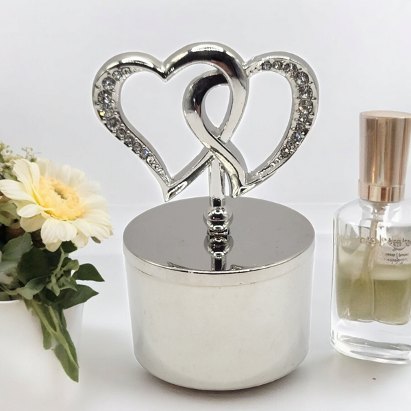 Shiny Silver Plated Jewellery Box & Crystal Diamante Double Hearts Lid