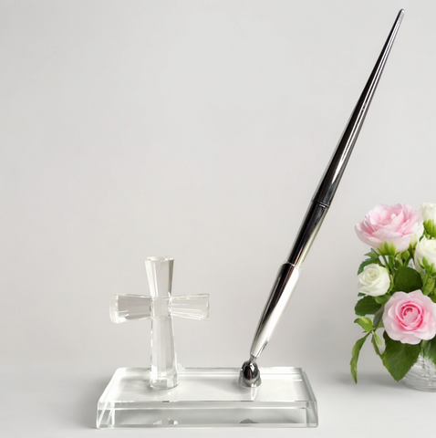 Clear Crystal Cut Glass Cross wedding certificate guest book Signing Pen Stand and Pen Set