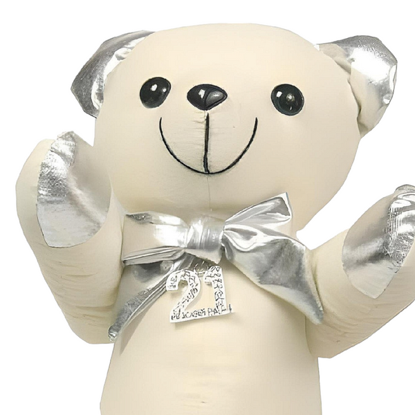 White & Silver 21st Birthday Message Signature Teddy Bear & Pen Set