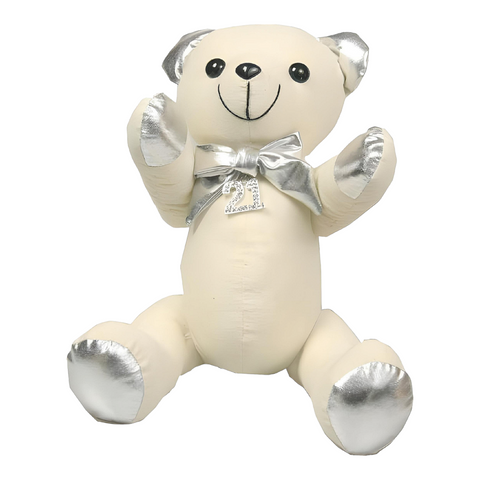 White & Silver Signature Message 21st Birthday Teddy Bear &  Pen