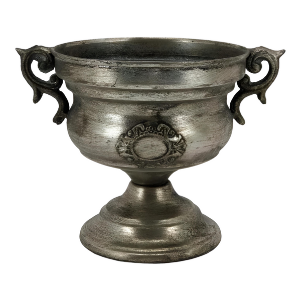 Brushed Antique Silver Rustic Urn Vase with Emblem & Ornate Handles