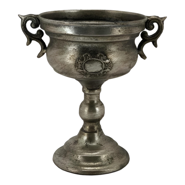 Brushed Antique Silver Rustic Urn Vase with Emblem & Ornate Handles