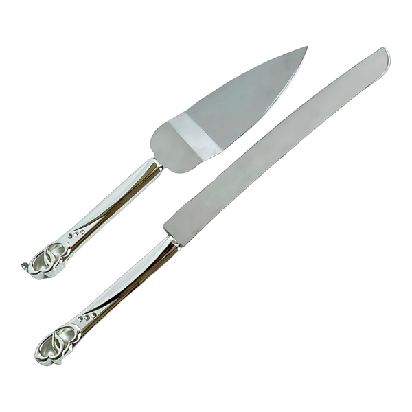Set 2 Silver Cake Server & Knife with Crystal Diamantes Double Hearts Handles