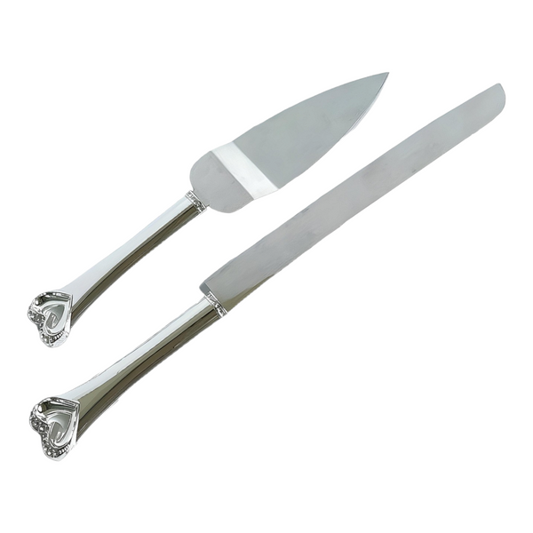 Set 2 Silver Cake Server & Knife with Crystal Diamantes Heart Handles