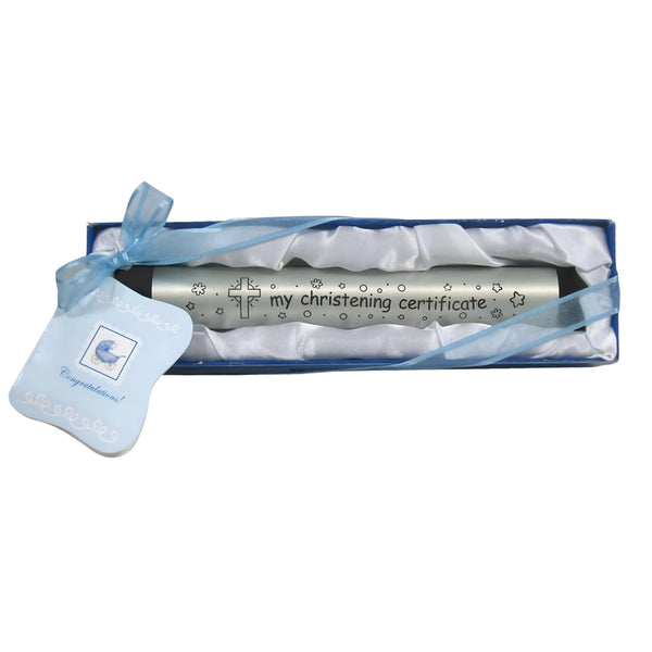Blue Baby Boy My Christening Certificate Holder In Satin Gift Box