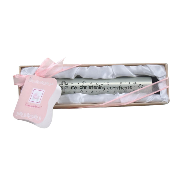 Pink Baby Girl My Christening Certificate Holder In Satin Gift Box