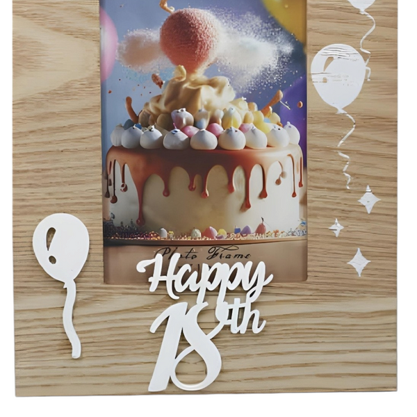 Natural Wood & White Laser Cut Happy 18th Birthday Photo Frame & Balloons Motif