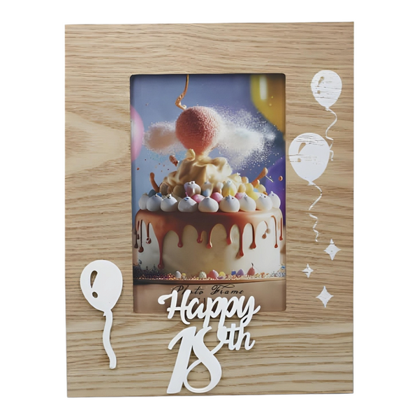 Natural Wood & White Laser Cut Happy 18th Birthday Photo Frame & Balloons Motif