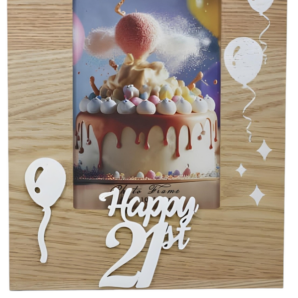 Natural Wood & White Laser Cut Happy 21st Birthday Photo Frame & Balloons Motif