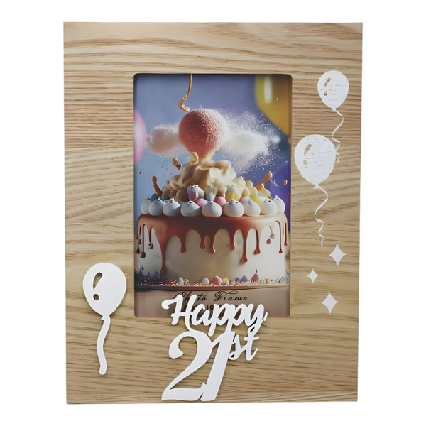 Natural Wood & White Laser Cut Happy 21st Birthday Photo Frame & Balloons Motif