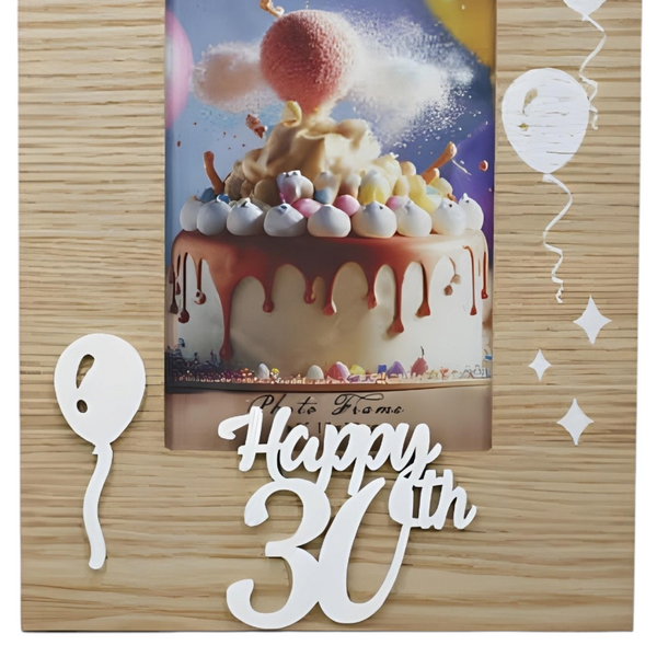 Natural Wood & White Laser Cut Happy 30th Birthday Photo Frame & Balloons Motif