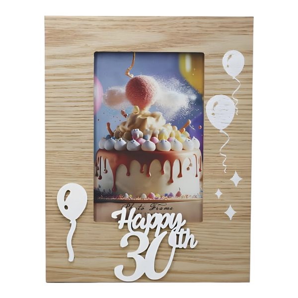 Natural Wood & White Laser Cut Happy 30th Birthday Photo Frame & Balloons Motif