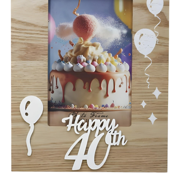 Natural Wood & White Laser Cut Happy 40th Birthday Photo Frame & Balloons Motif