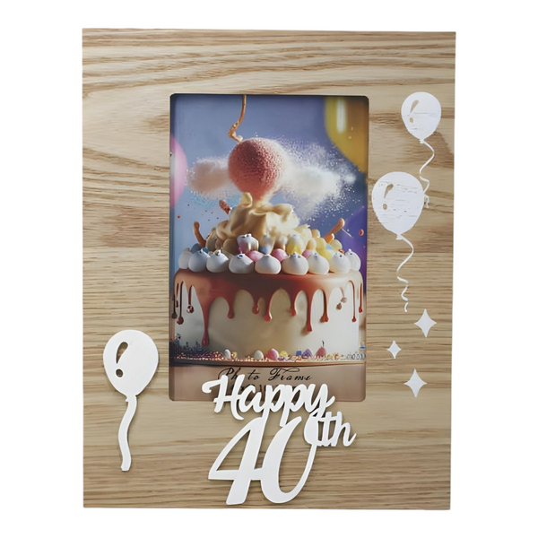 Natural Wood & White Laser Cut Happy 40th Birthday Photo Frame & Balloons Motif