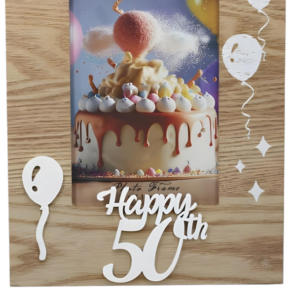 Natural Wood & White Laser Cut Happy 50th Birthday Photo Frame & Balloons Motif