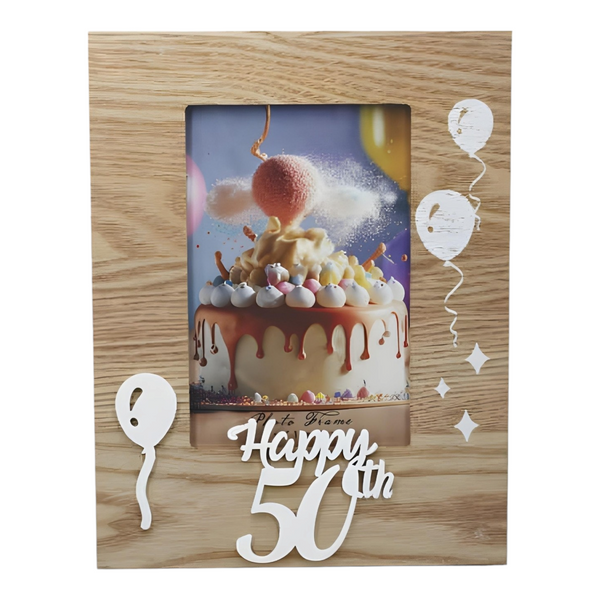 Natural Wood & White Laser Cut Happy 50th Birthday Photo Frame & Balloons Motif